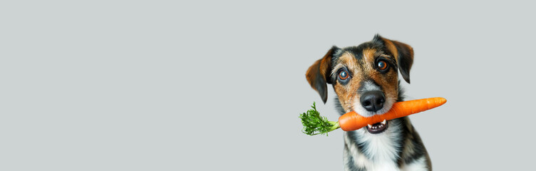 Dog holding carrot in his teeth