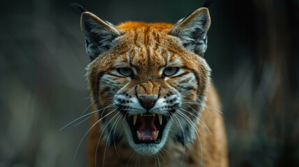 Obraz premium Beautiful big puma on dark background. Wildlife scene. Angry big cat. Angry lynx with open mouth.