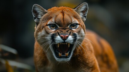 Obraz premium Beautiful big puma on dark background. Wildlife scene. Angry big cat. Angry lynx with open mouth.