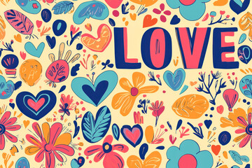Seamless pattern with text "LOVE" in retro groovy style.