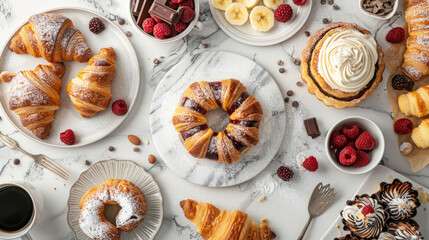 Flat lay of assorted pastries, including croissants, eclairs, and fruit tarts on a marble countertop. 