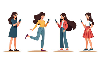 Fototapeta premium Social Media Reactions Among Young Women Diverse Smartphone Users Cartoon Illustration isolated