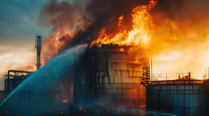 Industrial chemical tank engulfed in flames with thick black smoke, firefighters in protective gear battling the blaze at dusk, highlighting the urgency and danger of the situation.