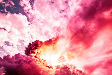 Obraz premium Dramatic Pink Sky with Sunburst Rays Through Vibrant Clouds - Perfect for Print, Poster, or Digital Art