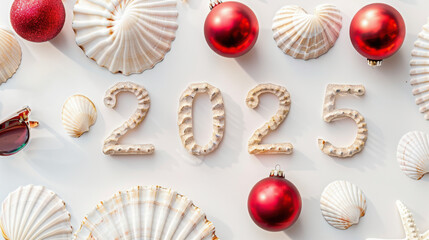 Festive Seashells and Christmas Ornaments, 2025 Holiday Decor, Christmas concept