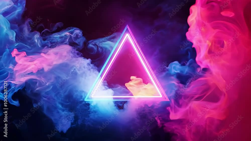 Sticker neon triangle with colorful smoke in dark background animation
