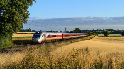 Fototapeta premium A side view of an electric train passing through a scenic countryside, showcasing the contrast between modern technology and natural beauty, with fields and trees in the background.