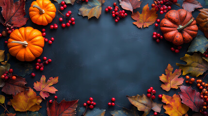 Autumn harvest with small pumpkins and autumn leaves on a black background top view
