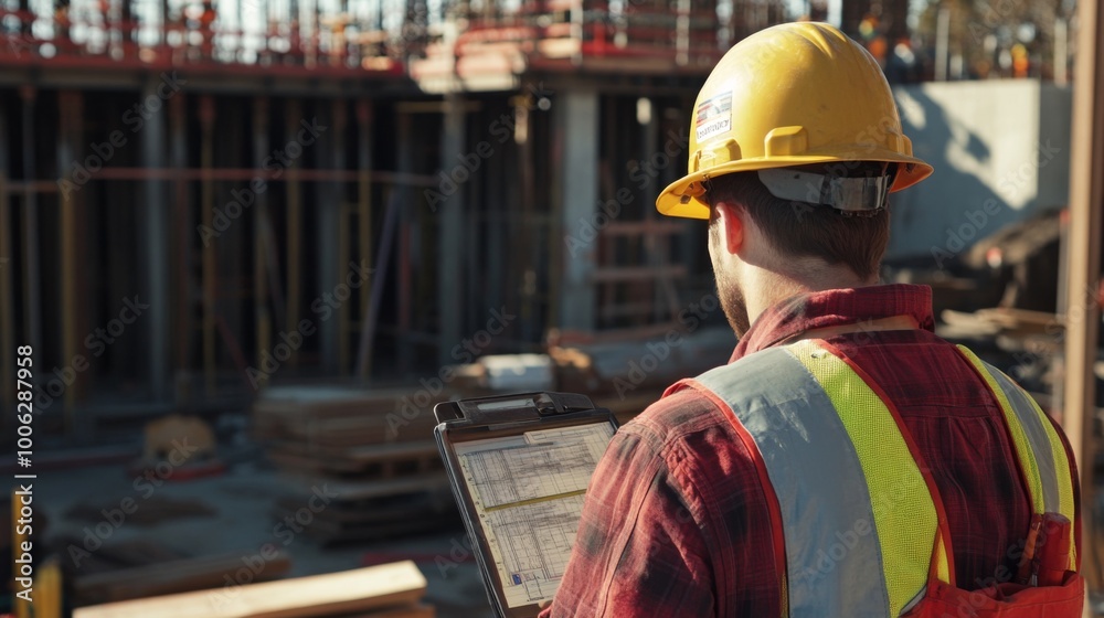 Poster A site engineer analyzing structural integrity on-site, with measuring tools and safety gear, capturing the essence of precision and responsibility in construction projects.