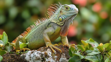 Obraz premium A vibrant iguana perched on a rock amidst lush greenery.