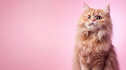 Fototapeta premium A fluffy cat sits attentively, looking directly at the camera with a curious expression. The background features a soft pastel hue, enhancing the cat's fluffy fur