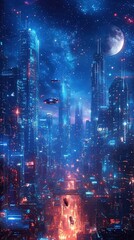 Obraz premium An isometric illustration of a sprawling futuristic city skyline at night.