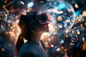 A Woman Experiencing Immersive Virtual Reality with a Futuristic Sphere