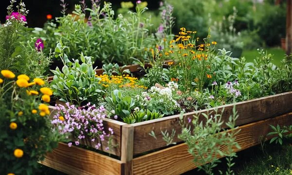 A lush flower bed in a backyard garden
