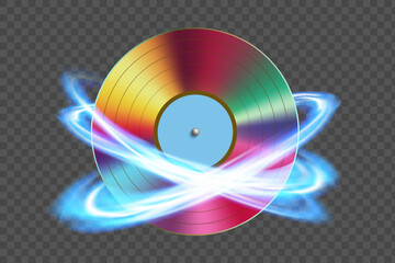 Retro vinyl music disc in disco style in the rays of light. Isolated on transparent background. Stock vector illustration.