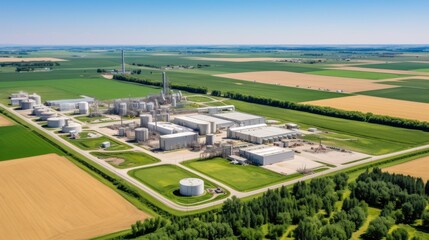 An aerial view of an expansive industrial complex situated in a vast rural landscape, showcasing numerous buildings and facilities surrounded by lush greenery.