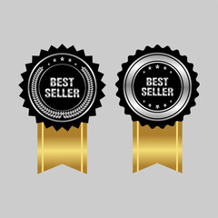 label badge sticker best seller product packaging logo design with medal gold and red ribbon vector illustration