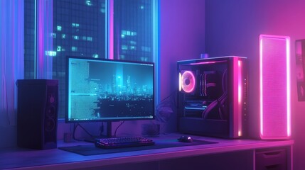 Gaming setup with vibrant sRGB lights, glowing in a dimly lit room with a clear window reflecting soft light.