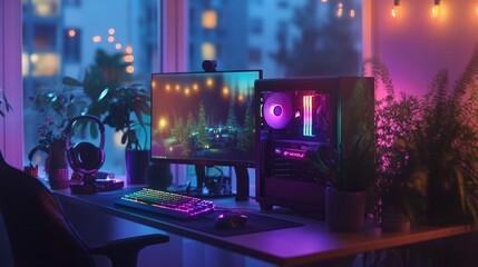 Multi-colored sRGB lights at a computer gaming table, with a softly lit clear window creating a cozy ambiance.