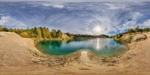 360 hdri panorama on limestone coast of huge green lake for sand chalk extraction old mining quarry...