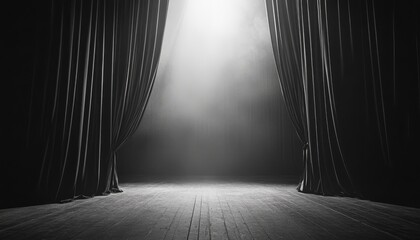 Black velvet curtains are drawn open to reveal an empty stage illuminated by a bright spotlight, with a haze of smoke filling the air.
