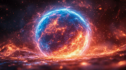 Obraz premium A luminous, pink and purple energy sphere floating amidst glowing nebula-like streams