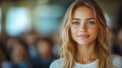 Obraz premium A beautiful young woman in a crowd, exuding confidence and determination, illuminated by golden sunlight