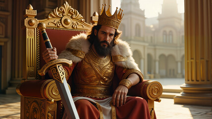 A regal depiction of King David seated on a majestic throne, adorned in golden armor and a crown. This striking image is perfect for historical content, religious themes, or artistic projects