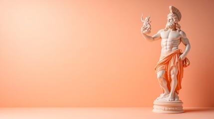 This artwork features a classical Greek statue holding a small demon sculpture, set against a soft pastel peach background that enhances the marble's details and modern design