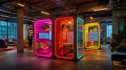 A modern startup workspace featuring transparent meeting pods surrounded by colorful neon brainstorming boards, creating an open and inspiring environment for collaboration and creativity 