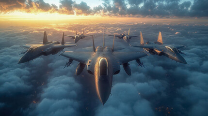 A powerful image of fighter jets flying in formation over a dramatic sunset sky. Perfect for military, aviation, and defense-related themes