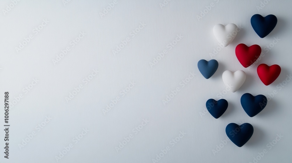 Poster a collection of three-dimensional hearts in various colors and sizes appear to float against a white