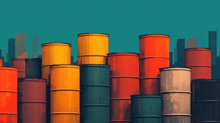 A vibrant display of stacked barrels in various colors against a contrasting teal background, evoking an industrial or artistic theme.