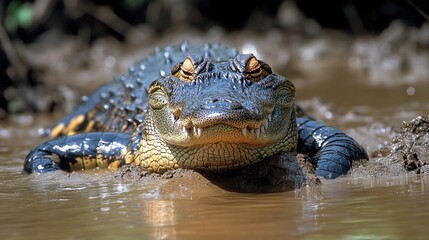 Obraz premium Close-up of a crocodile in muddy water.