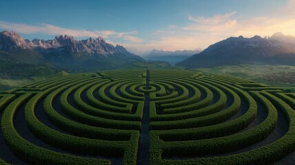 Naklejka premium A stunning aerial view of a spiraling maze surrounded by lush landscapes and majestic mountains under a clear sky.