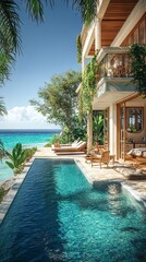 Obraz premium A beautiful beach house with a wrap-around deck and space for copy above 