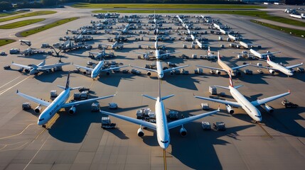 An overhead view of a fleet of aircraft on a busy tarmac, illustrating fleet management in aerial logistics, with ground crew coordinating loading and unloading processes for efficient delivery 