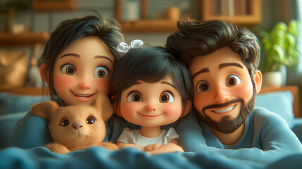 A heartwarming animated family with two kids and pets, snuggled together in a cozy room