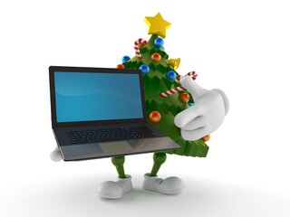 Christmas tree character holding laptop