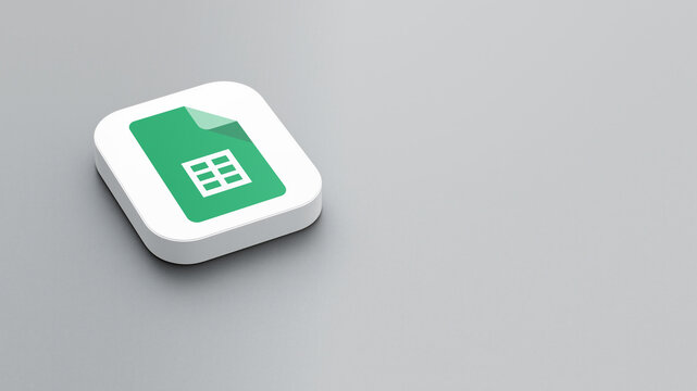 An icon of the Google Sheets logo on a gray background, a white square with rounded corners, a minimalistic design, 3D rendering.	