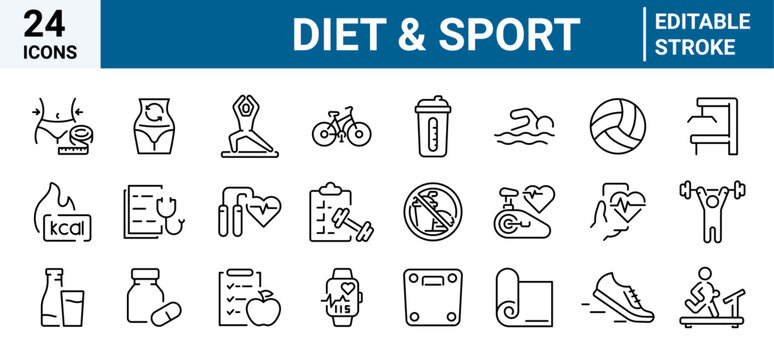 Diet and sport. Fitness related line icon set. Gym exercises linear icons. Sport and training outline vector signs and symbols collection.