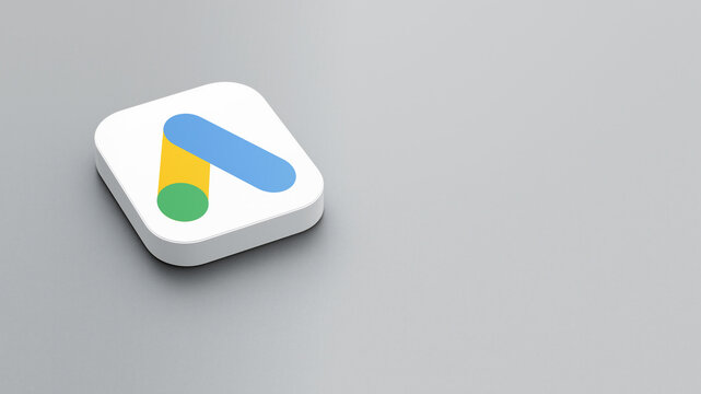 An icon of the Google Ads logo on a gray background, a white square with rounded corners, a minimalistic design, 3D rendering.	