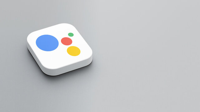 An icon of the Google Assistant logo on a gray background, a white square with rounded corners, a minimalistic design, 3D rendering.	