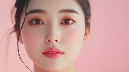 Fototapeta premium Radiant Chinese female model with flawless skin posing against a soft pink background during a natural light photoshoot