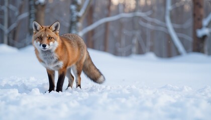 Fototapeta premium Alert red fox with curious expression standing in snowy winter forest