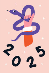 Obraz premium Merry Christmas greeting card with hand and snake. Zodiac symbol of lunar new year. Vector illustration for poster, banner and celebration.