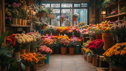 A flower shop with a variety of flowers on display