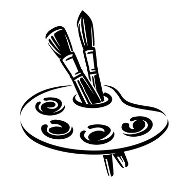 recommend clip art: Paint brushes and palette. Artistic art, painting symbol emblem. Black and white drawing