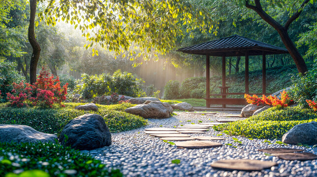 Jardin zen japonais avec chemin et abri