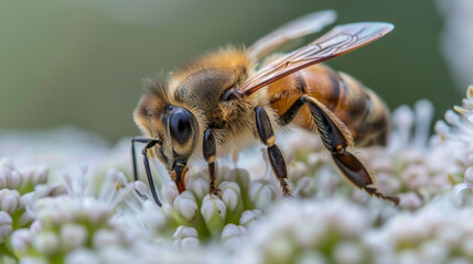 A close-up of a bee pollinating delicate white flowers in a vibrant garden during a sunny afternoon